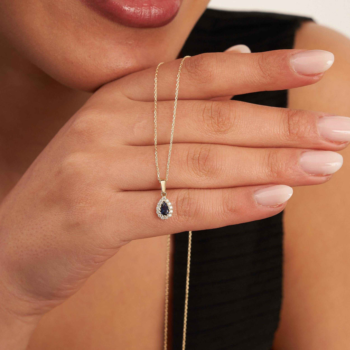14K Solid Gold Sapphire Necklace Pear Halo Pendant September Birthstone Dainty Blue Gem Gift
