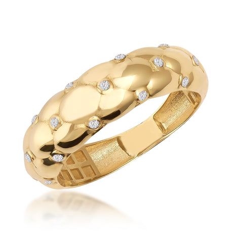 Anillo cúpula burbuja con circonitas en oro amarillo de 14 quilates sobre fondo blanco