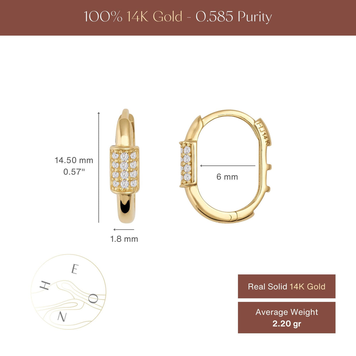 14K Solid Gold CZ Pave Huggie Earrings - Oval Hinged Hoops