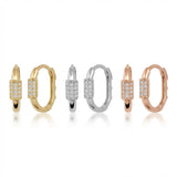 14K Solid Gold CZ Pave Huggie Earrings - Oval Hinged Hoops