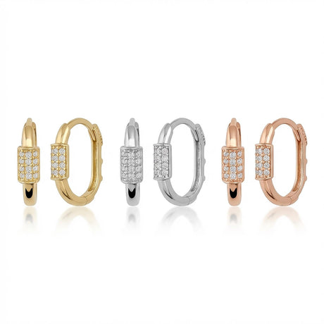 14K Solid Gold CZ Pave Huggie Earrings - Oval Hinged Hoops