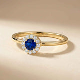 14K Solid Gold Sapphire Halo Ring September Birthstone Dainty Minimal Promise Ring
