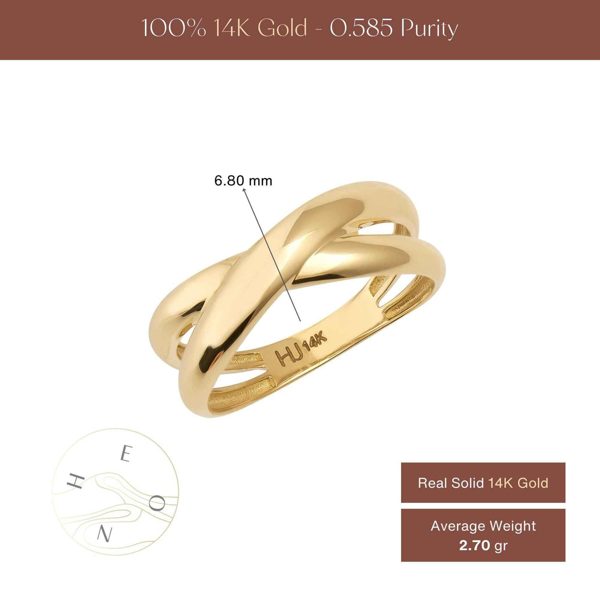 Infografía del anillo cruzado en oro amarillo de 14 quilates: 6,80 mm de ancho y peso medio de 2,70 g