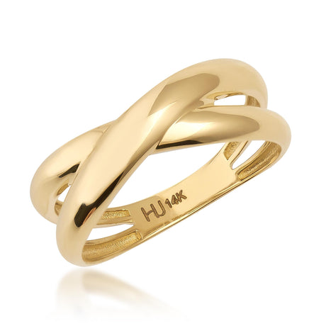 Anillo entrecruzado en oro amarillo de 14 quilates sobre fondo blanco