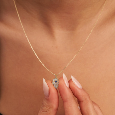 14K Solid Gold Hamsa Hand Necklace Sapphire Evil Eye Protection Pendant Gift