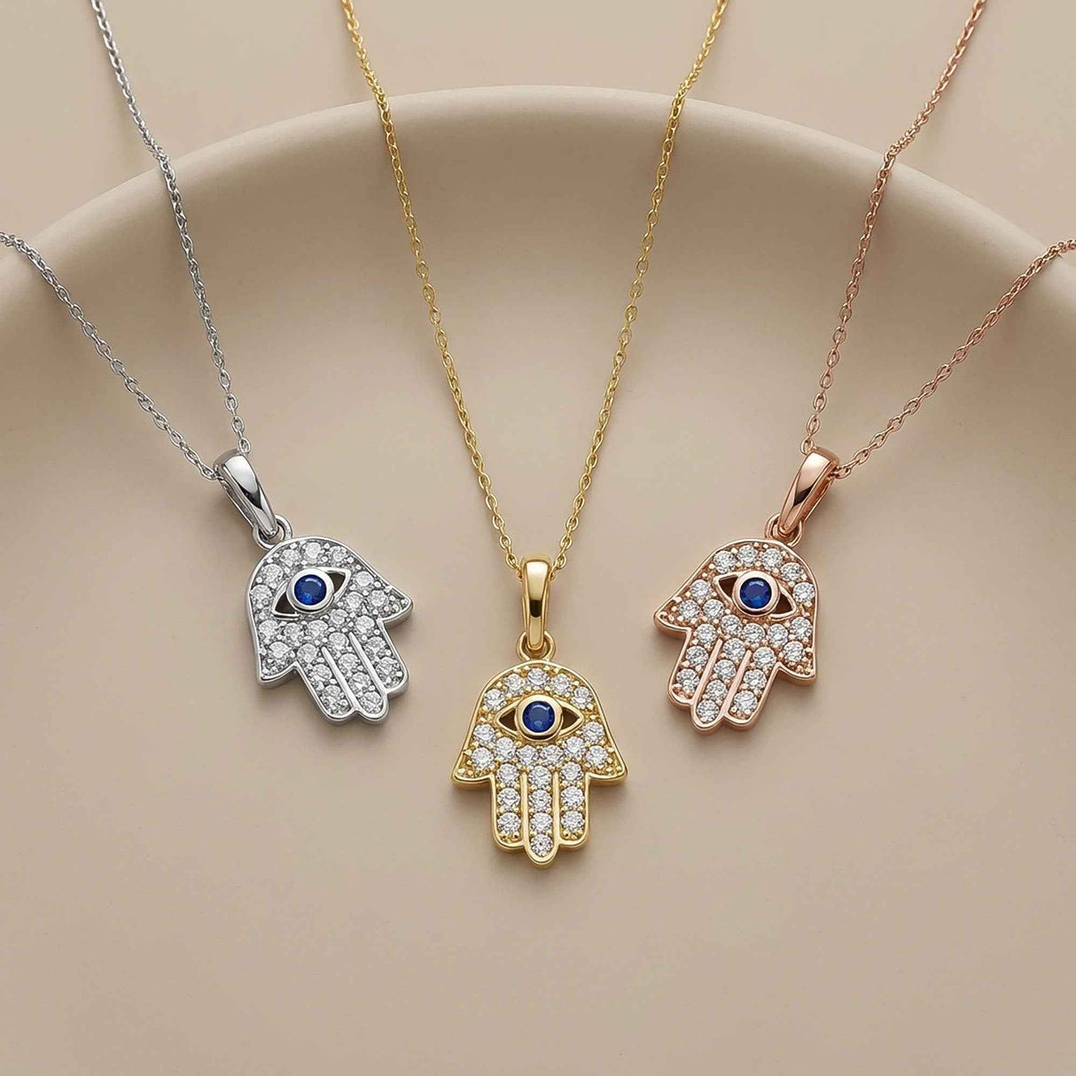 14K Solid Gold Hamsa Hand Necklace Sapphire Evil Eye Protection Pendant Gift