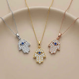 14K Solid Gold Hamsa Hand Necklace Sapphire Evil Eye Protection Pendant Gift