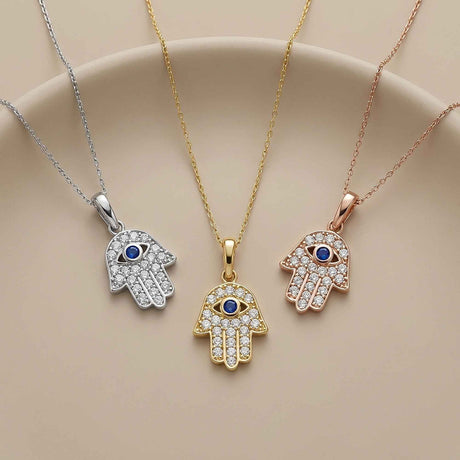 14K Solid Gold Hamsa Hand Necklace Sapphire Evil Eye Protection Pendant Gift