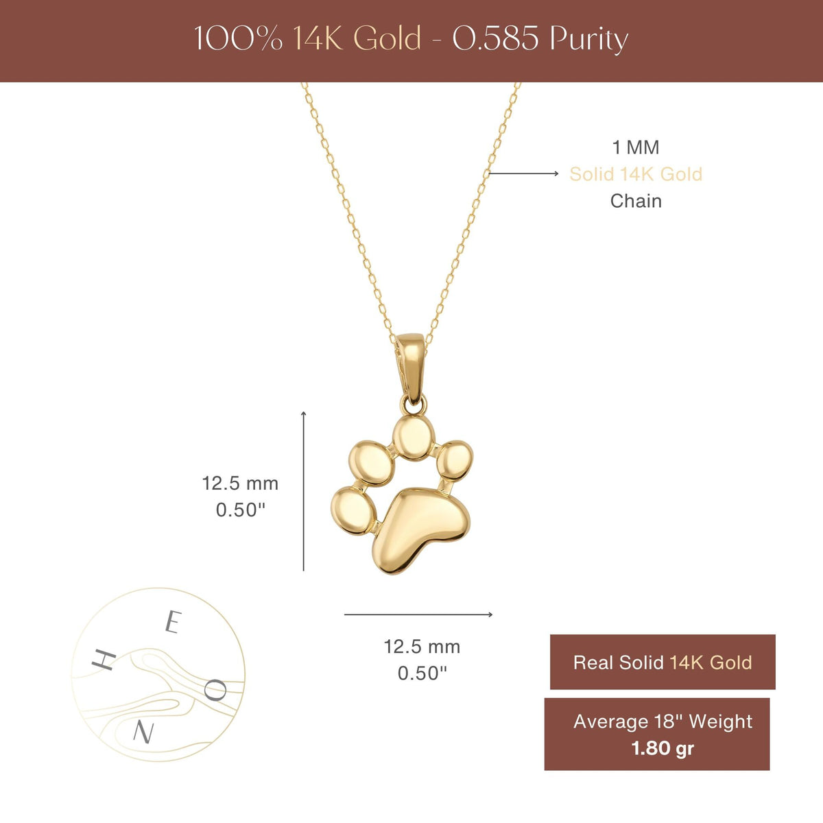 Tableau des tailles du collier empreinte de patte en or jaune 14 carats : 12,5 mm sur 12,5 mm, sur chaîne de 1 mm