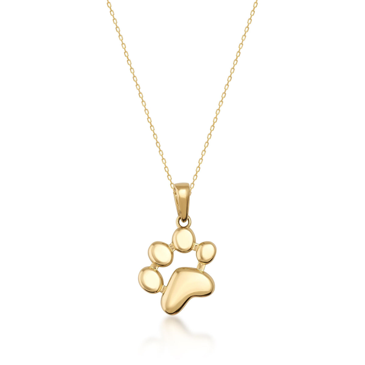 Collier empreinte de patte en or jaune 14 carats sur fond blanc