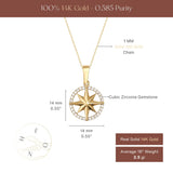 Size chart of 14K yellow gold compass star necklace, 14 mm pendant with cubic zirconia