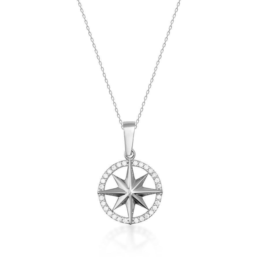 14K white gold compass star necklace with CZ on white background