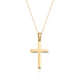 14K yellow gold polished cross pendant necklace on cable chain, front view on white