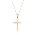 Collana con ciondolo croce lucida in oro rosa 14kt su catena forzatina, vista frontale su sfondo bianco