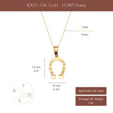 Tableau des tailles du collier fer à cheval en or jaune 14 carats : 15 mm sur 10 mm, sur chaîne de 1 mm