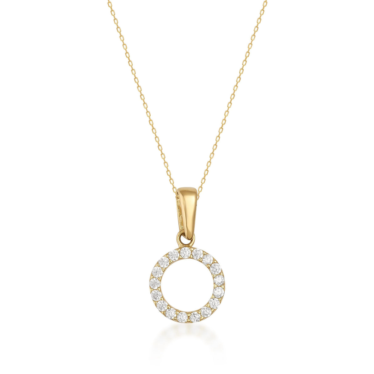 14K Solid Gold Circle Necklace CZ Eternity Halo Pendant