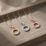 14K Solid Gold Circle Necklace CZ Eternity Halo Pendant
