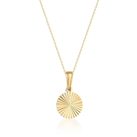 Collier disque soleil taille diamant en or jaune 14 carats sur fond blanc
