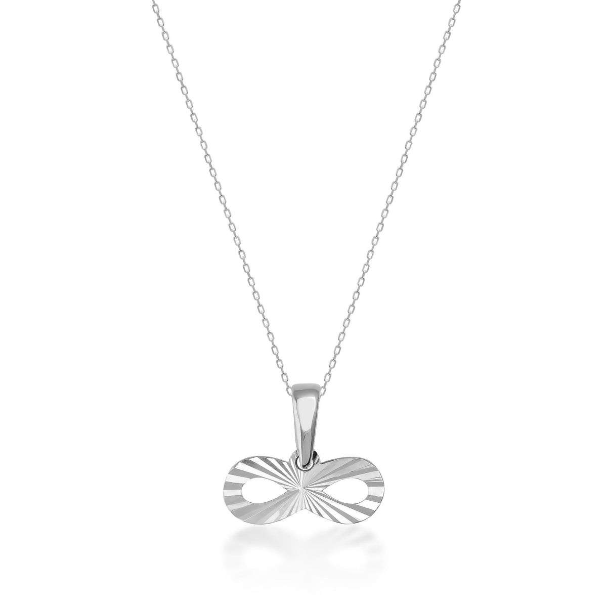 14K white gold diamond-cut infinity necklace on white background