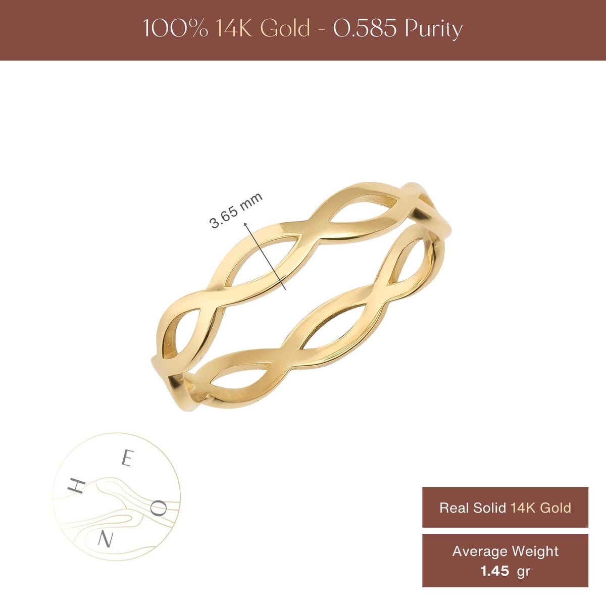 Infographie de la bague infini ajourée en or jaune 14 carats : 3,65 mm de large, poids moyen de 1,45 g