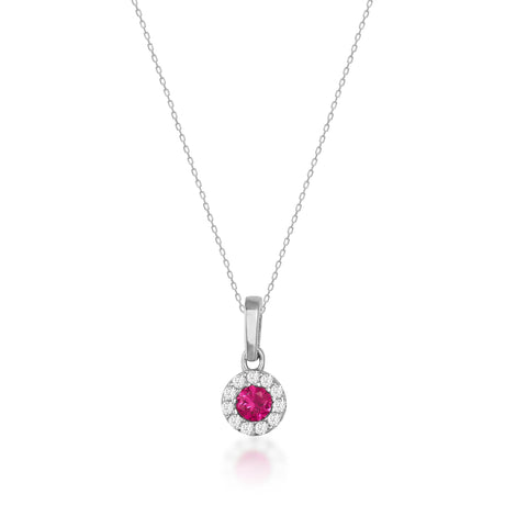 Collier halo rubis rond de synthèse en or blanc 14 carats sur fond blanc