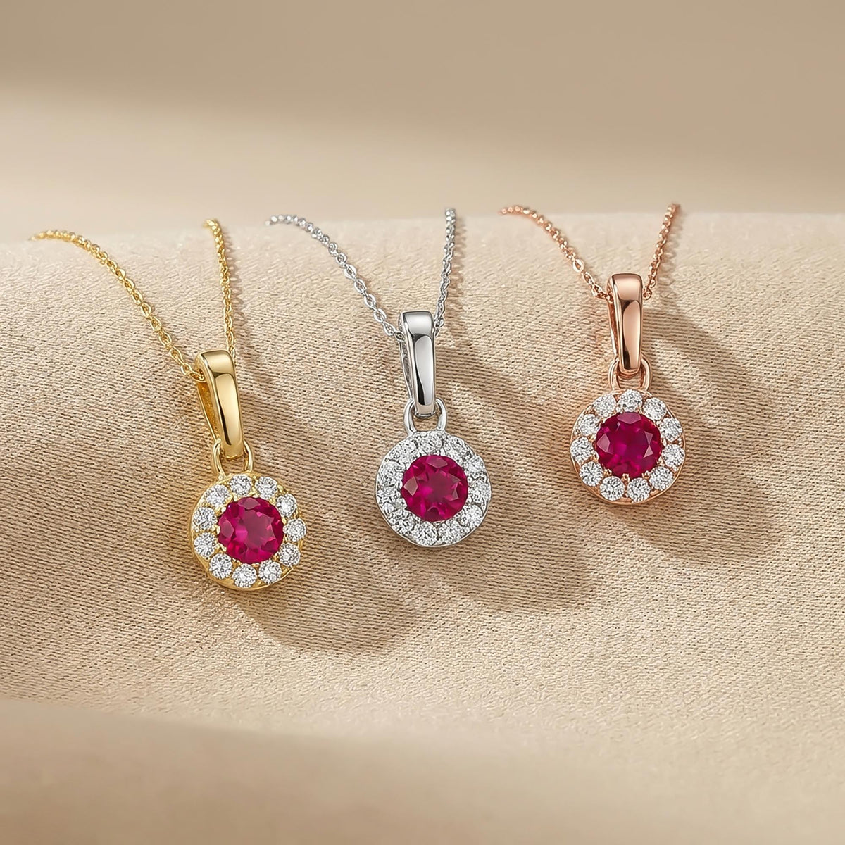 Pendentifs halo rubis rond de synthèse en or jaune, blanc et rose 14 carats sur du lin