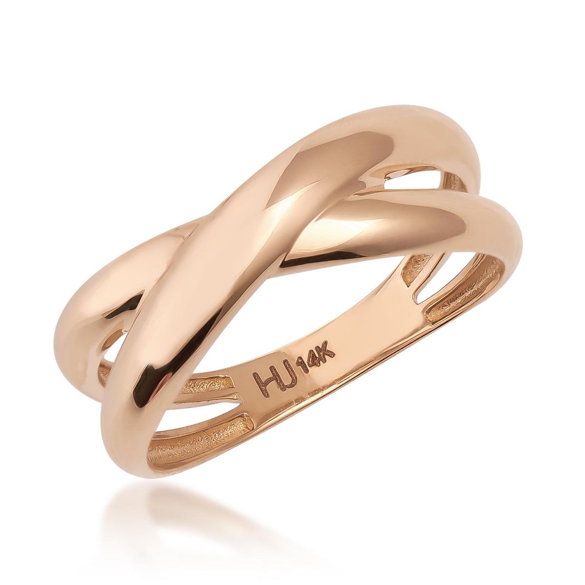 Anillo entrecruzado en oro rosa de 14 quilates sobre fondo blanco