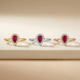 Lab-grown ruby pear halo rings in 14K yellow, white and rose gold
