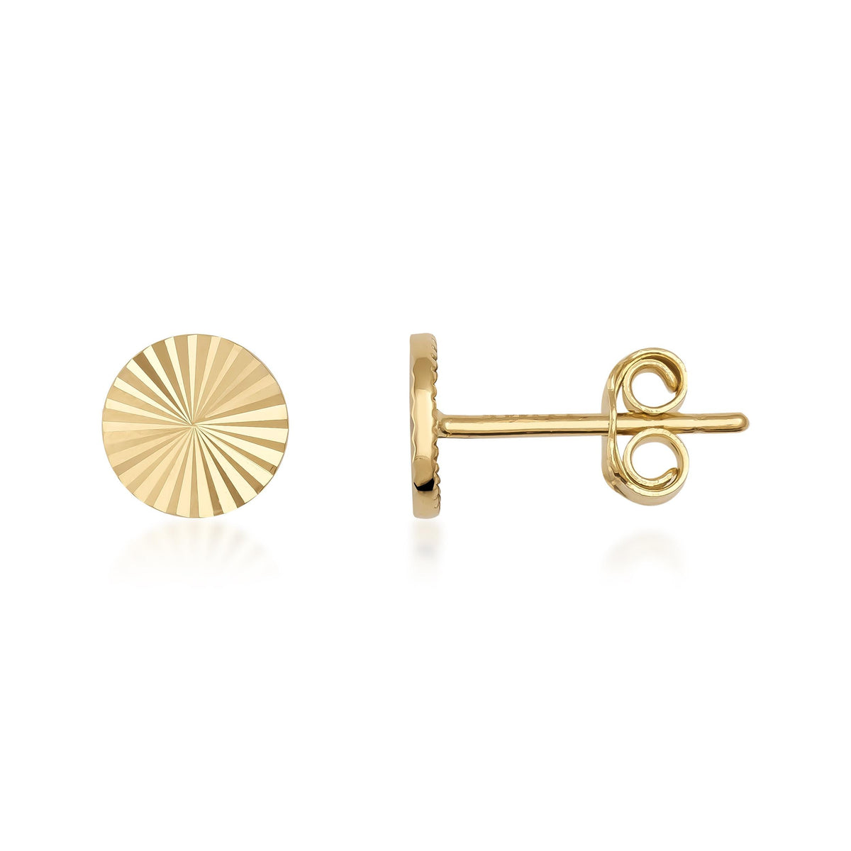 Sonnenstrahl-Plättchen-Ohrstecker aus 585er Gelbgold, Vorder- und Seitenansicht auf Weiß
