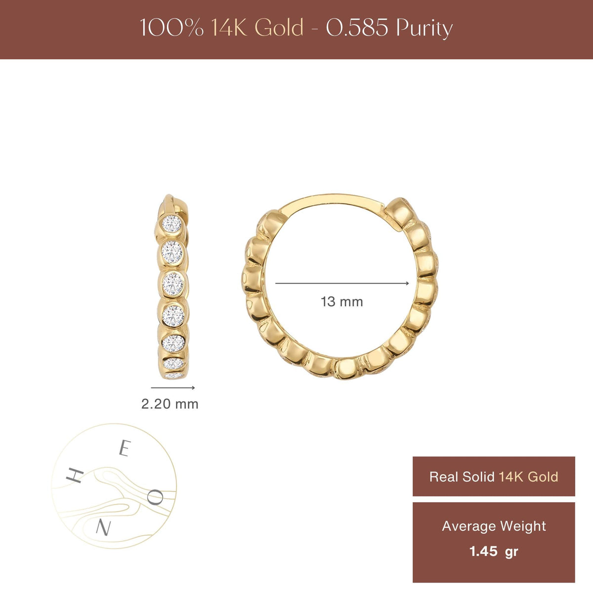 Tableau des tailles des créoles à oxydes de zirconium en serti clos : diamètre intérieur de 13 mm, largeur de 2,20 mm, poids moyen de 1,45 g