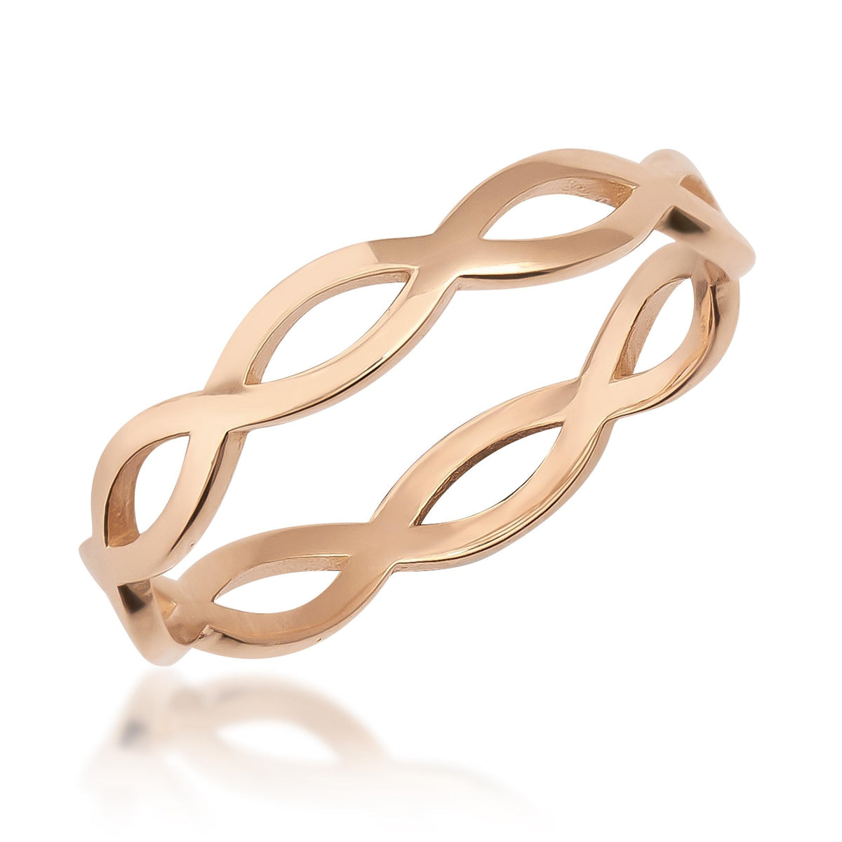 Bague infini ajourée en or rose 14 carats sur fond blanc