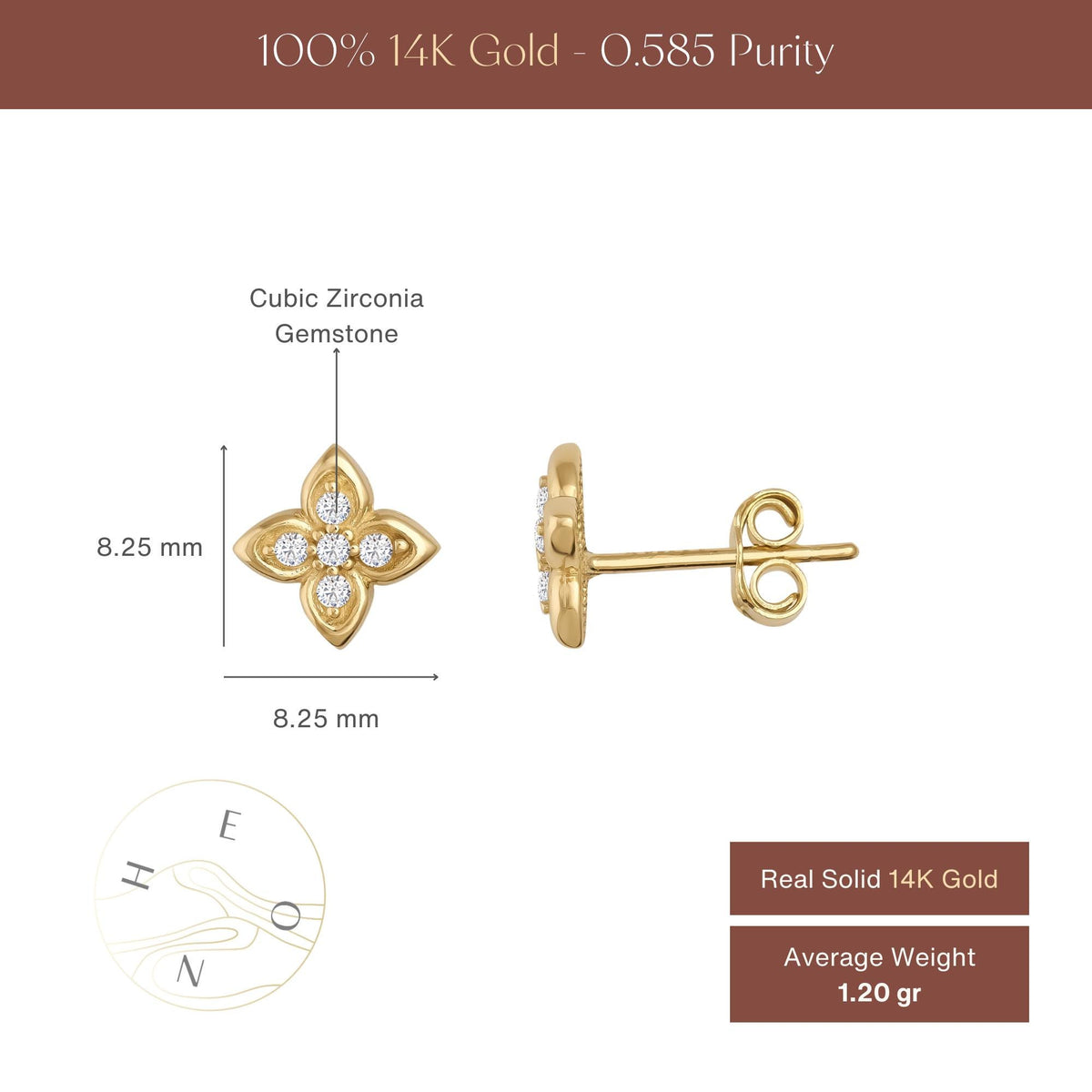 Tableau des tailles des puces d'oreilles fleur en oxyde de zirconium : 8,25 mm sur 8,25 mm, oxyde de zirconium, poids moyen de 1,20 g