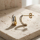 14K Solid Gold Two Tone Hoop Earrings, Open Sculptural Half Hoop Studs