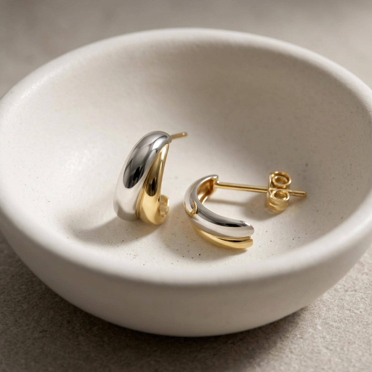 14K Solid Gold Two Tone Hoop Earrings, Open Sculptural Half Hoop Studs