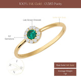 Infografica dell'anello halo in oro giallo 14kt con smeraldo: smeraldo creato in laboratorio, halo di zirconi e peso medio di 1 g