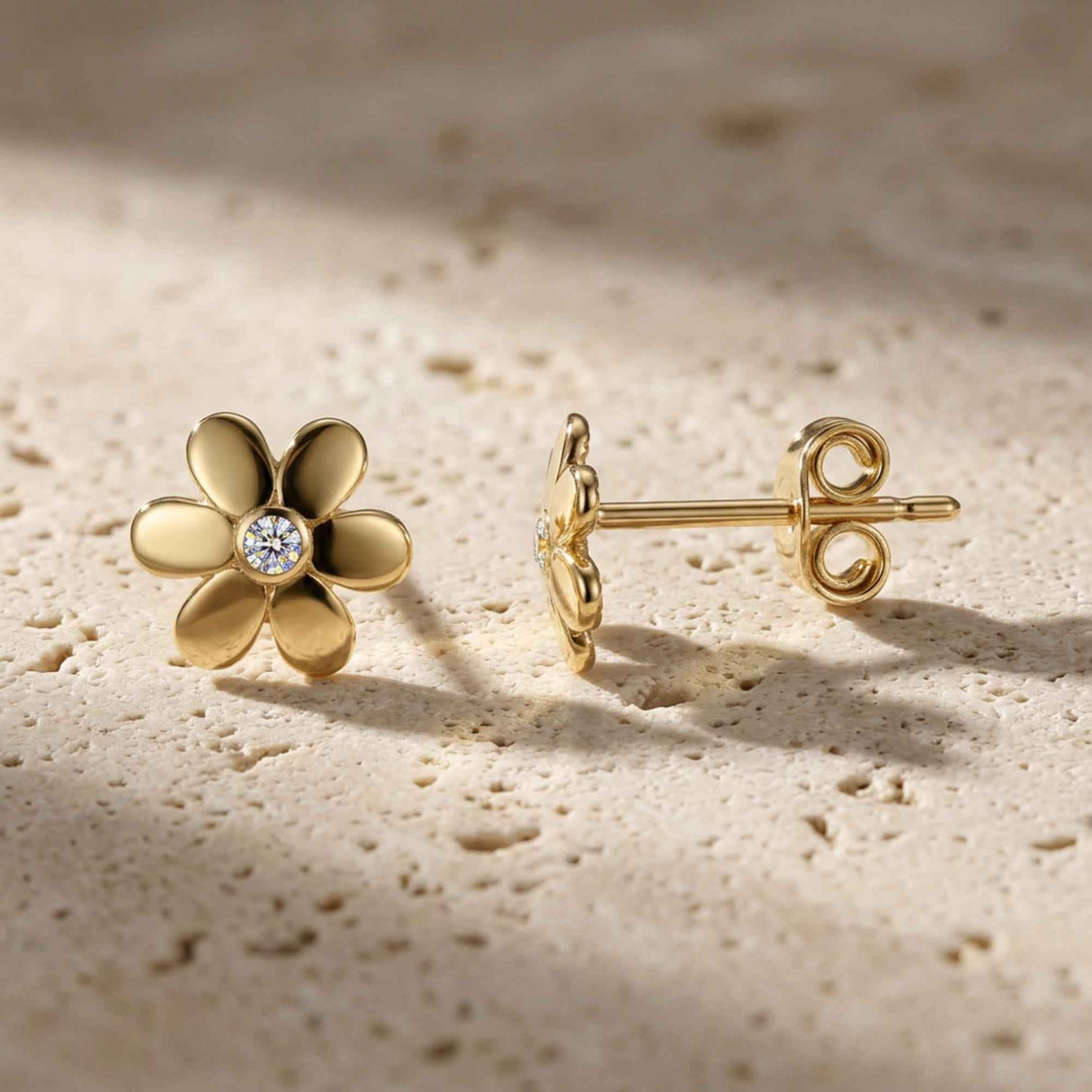 14K Solid Gold Flower Stud Earrings, Daisy CZ Floral Minimal Gold Studs