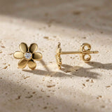 14K Solid Gold Flower Stud Earrings, Daisy CZ Floral Minimal Gold Studs