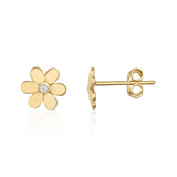 14K Solid Gold Flower Stud Earrings, Daisy CZ Floral Minimal Gold Studs