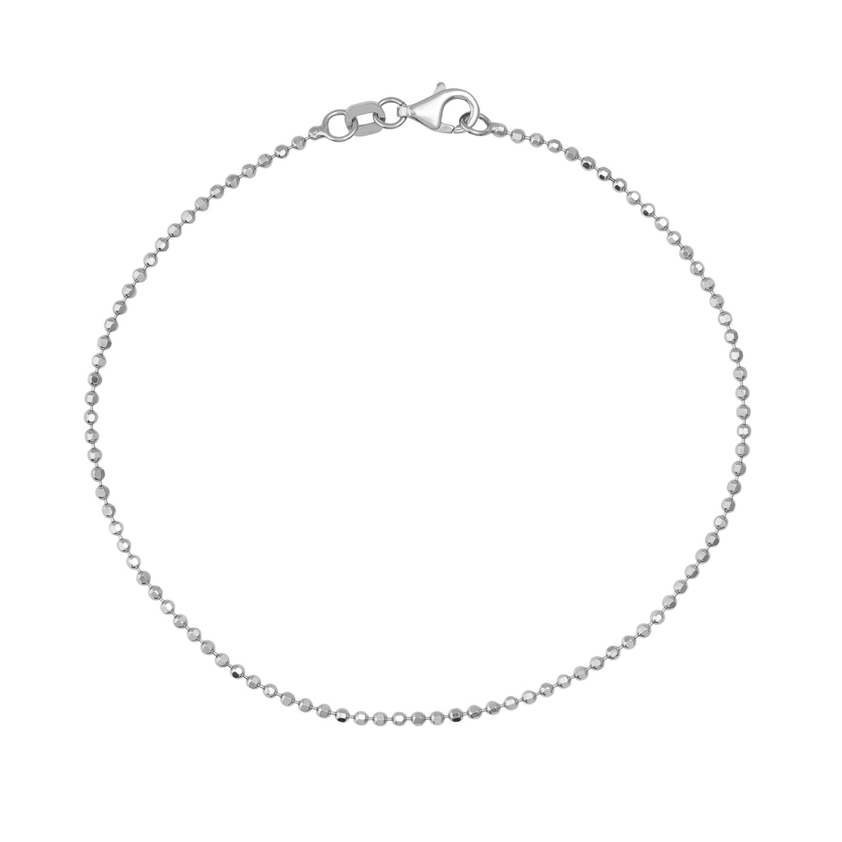 Pulsera de cadena de bolitas en oro blanco de 14 quilates sobre fondo blanco