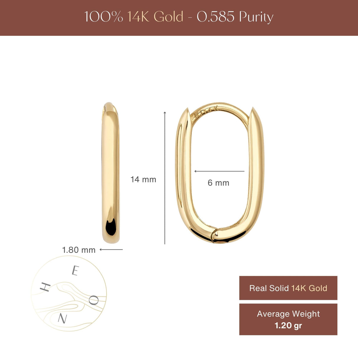 Tableau des tailles des créoles ovales fines : 14 mm sur 6 mm, épaisseur de 1,80 mm, poids moyen de 1,20 g