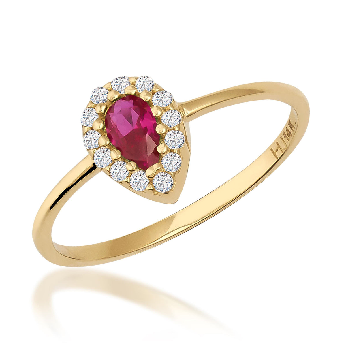 Pear halo ring in 14K yellow gold with lab-grown ruby and CZ halo on white