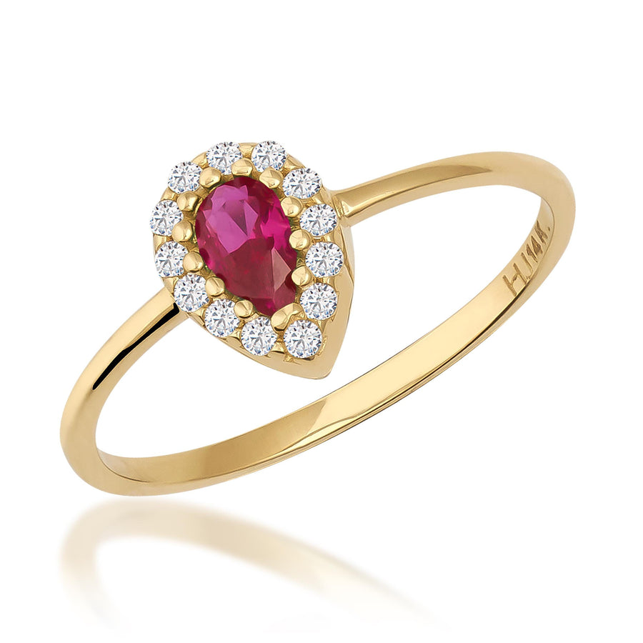 Pear halo ring in 14K yellow gold with lab-grown ruby and CZ halo on white