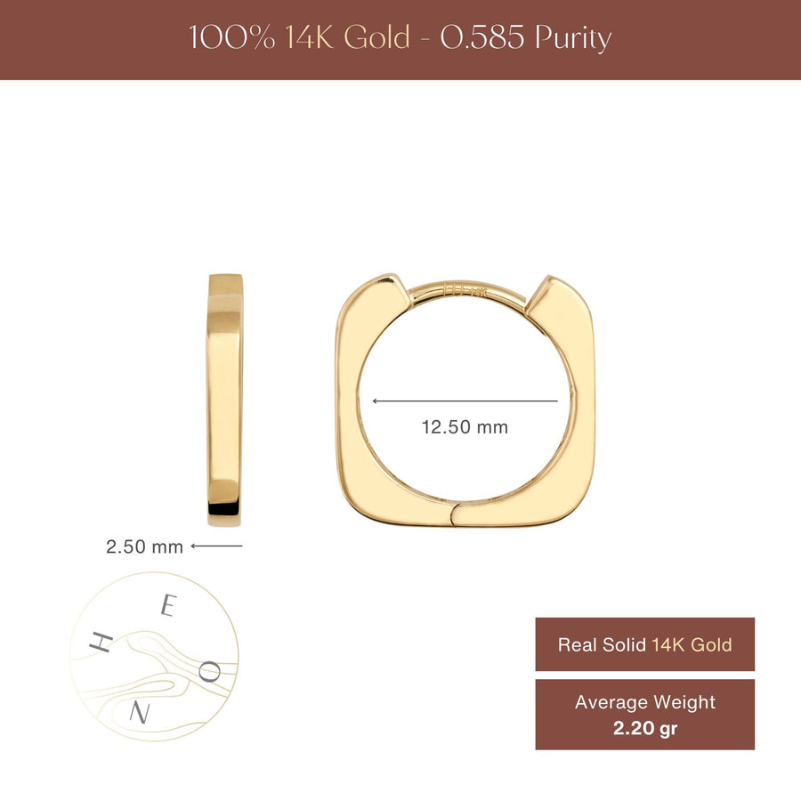 Square hoop earrings size chart: 12.50 mm inner diameter, 2.50 mm thick, 2.20 gr average weight