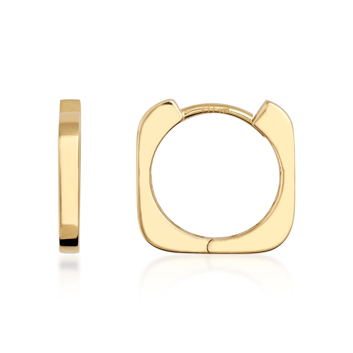 14K yellow gold rounded square hoop earrings, side and front view on white