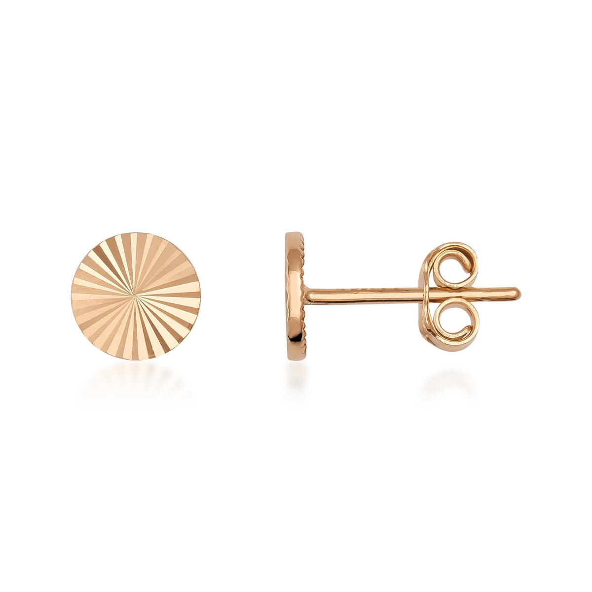 Sonnenstrahl-Plättchen-Ohrstecker aus 585er Roségold, Vorder- und Seitenansicht auf Weiß