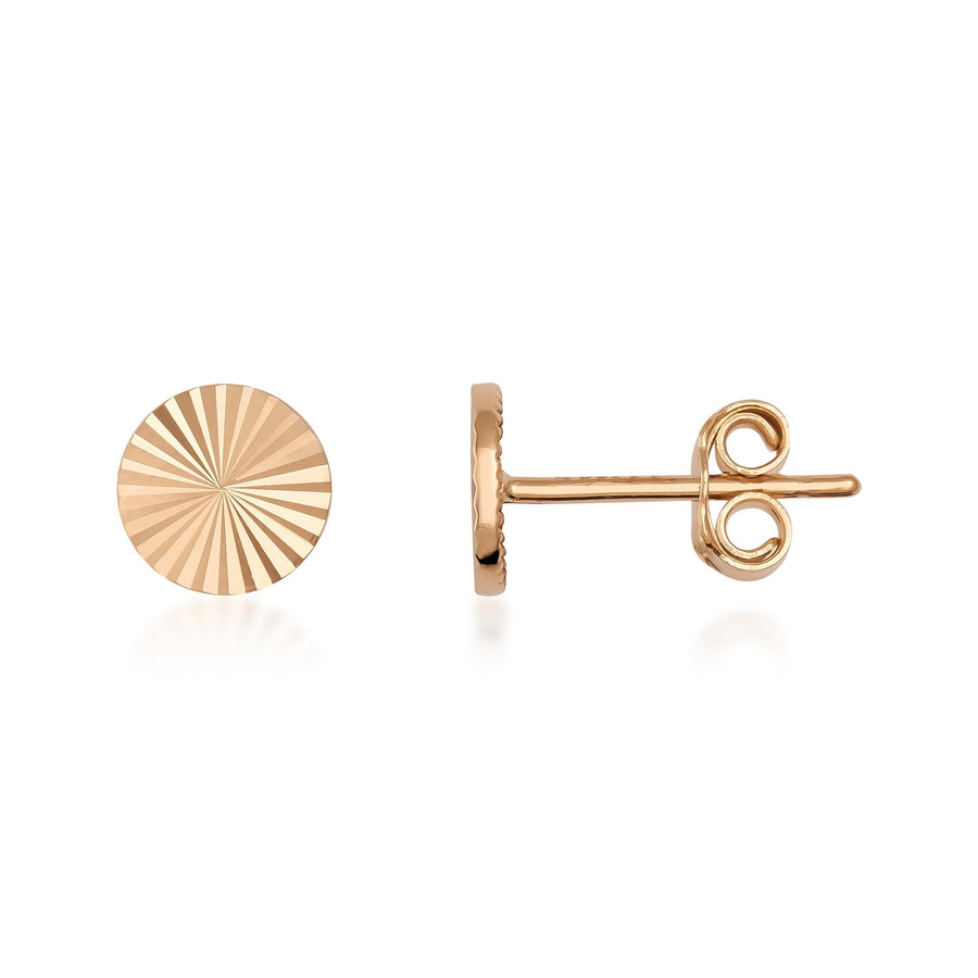 Sonnenstrahl-Plättchen-Ohrstecker aus 585er Roségold, Vorder- und Seitenansicht auf Weiß