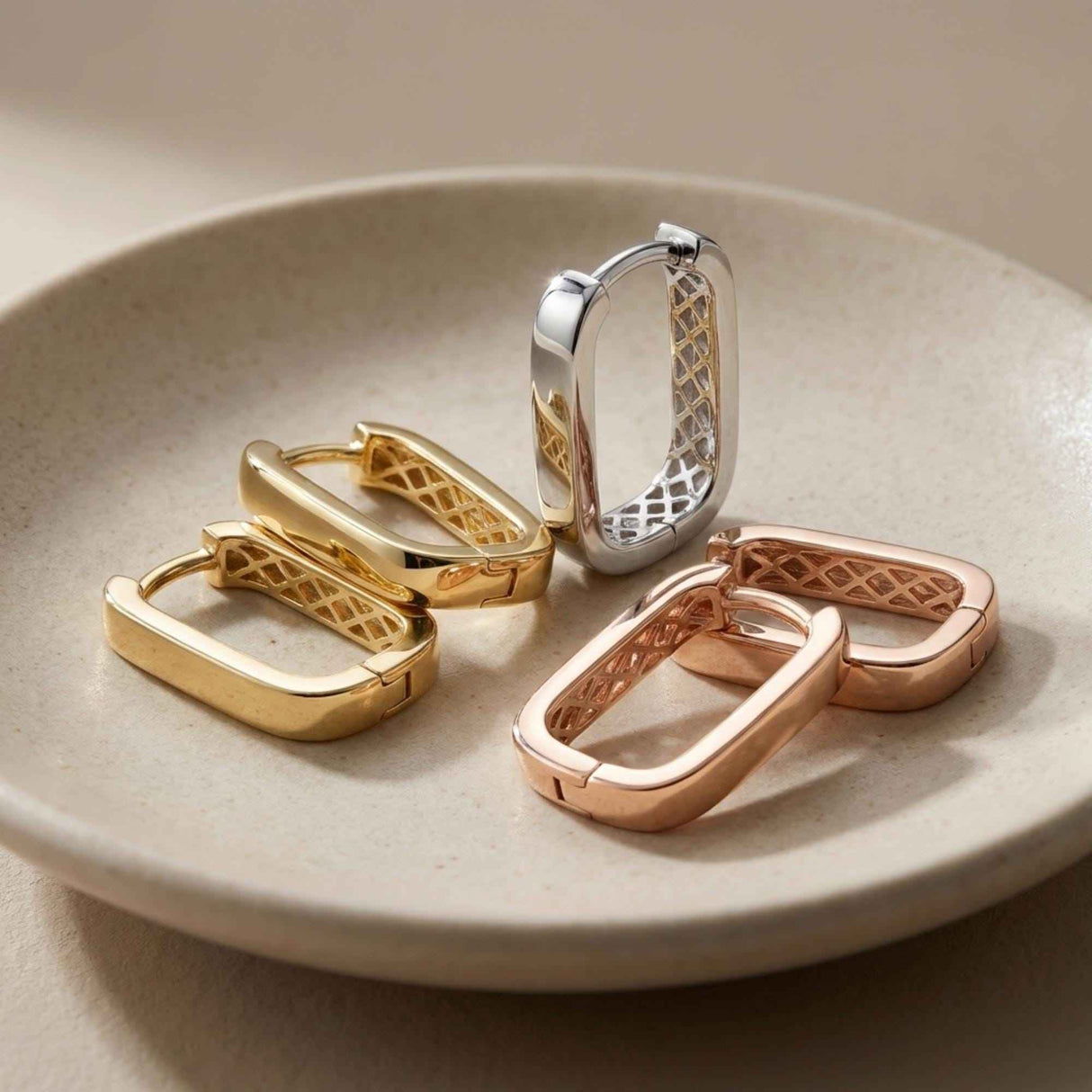 14K Solid Gold Rectangular Hoop Earrings, Minimal Geometric Huggie Hoops