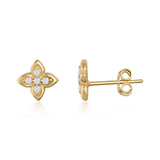 Puces d'oreilles fleur à quatre feuilles en oxydes de zirconium, or jaune 14 carats, vue de face et de côté sur fond blanc