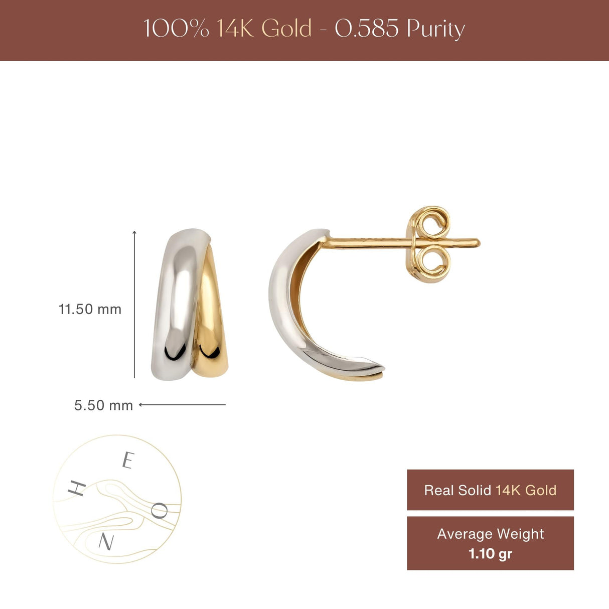 14K Solid Gold Two Tone Hoop Earrings, Open Sculptural Half Hoop Studs