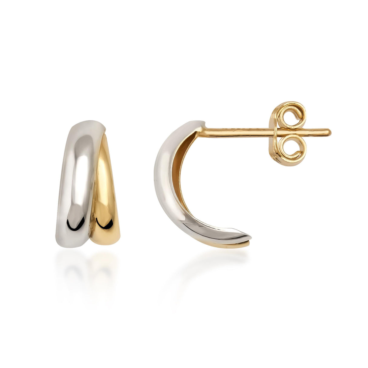 14K Solid Gold Two Tone Hoop Earrings, Open Sculptural Half Hoop Studs